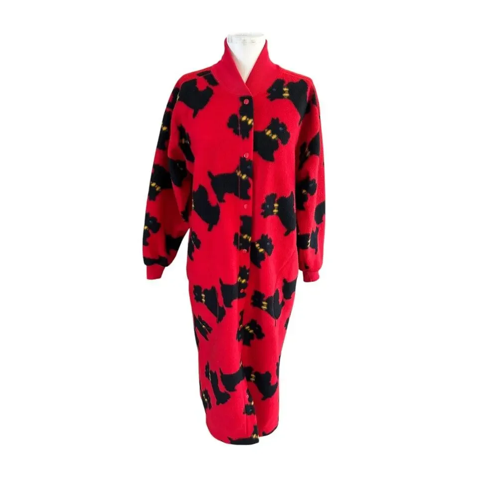 Vintage Scottish Terrier Fleece Robe Full Length Red Women's sz M Whimsical AOP